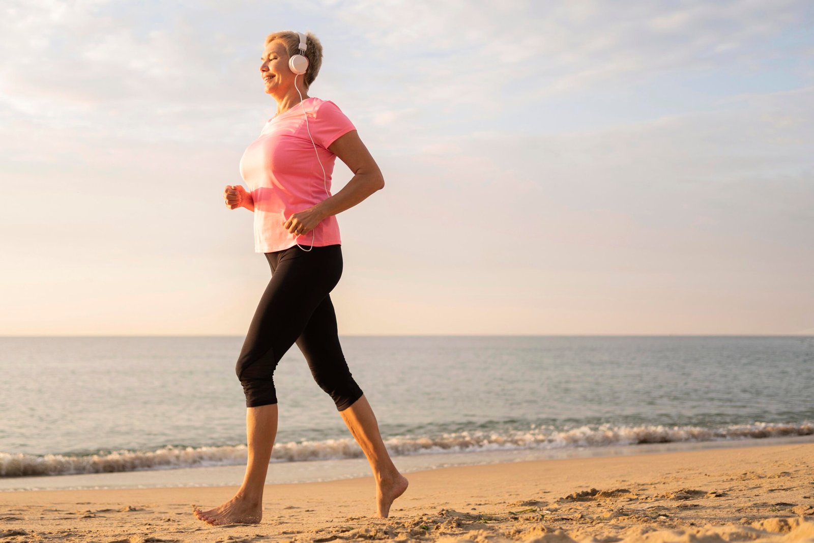 Fotografia de idosa caminhando na praia, com um fone de ouvido. A atividade física pode evitar inflamações como a sacroileíte.