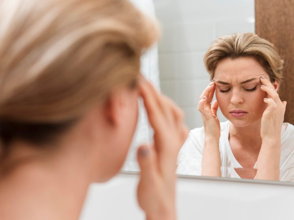 Fotografia de mulher com paralisia facial com os olhos fechados na frente do espelho.