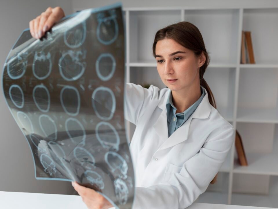 Fotografia de médica neurologista olhando um exame de imagem do crânio do paciente.