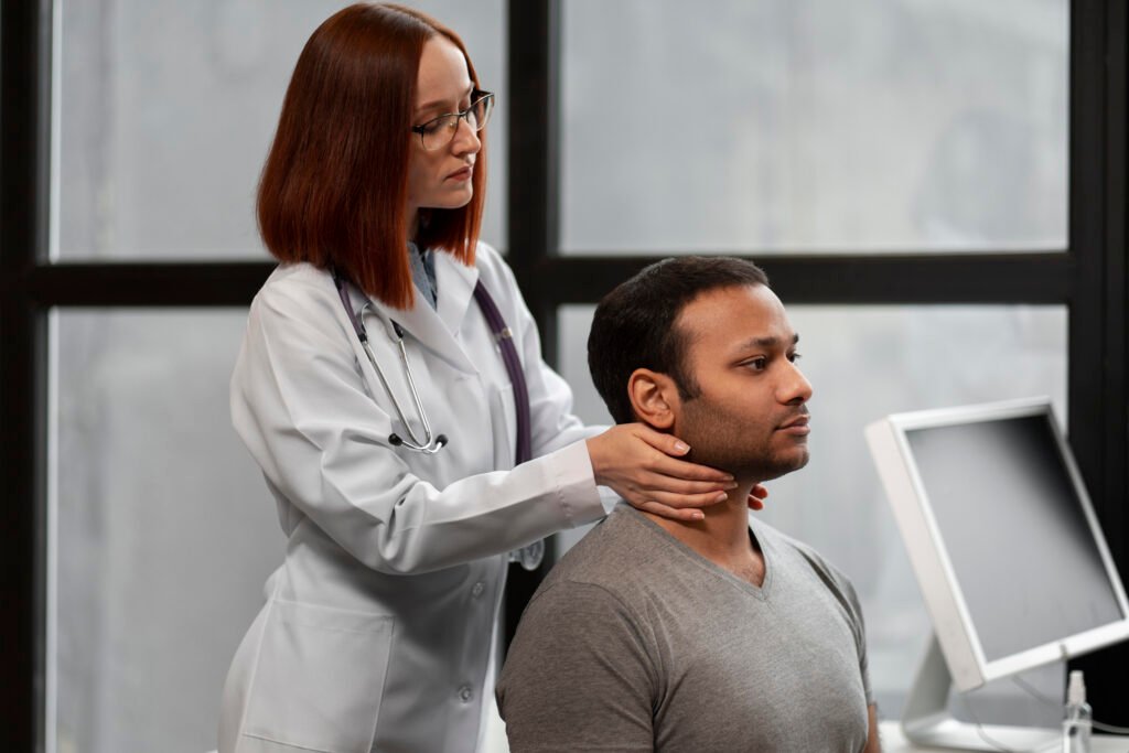 Fotografia de médica fazendo um exame físico no paciente, ela está sentindo a estrutura óssea do pescoço do paciente, entendendo se trata-se de uma espondilose cervical.